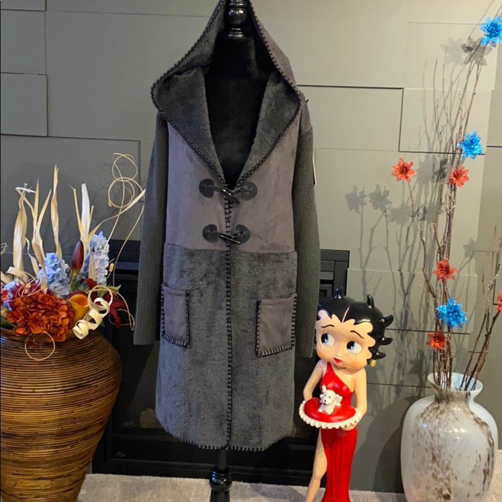 NWT Hood Wool Blend Faux Suade/Leather Teddy Coat